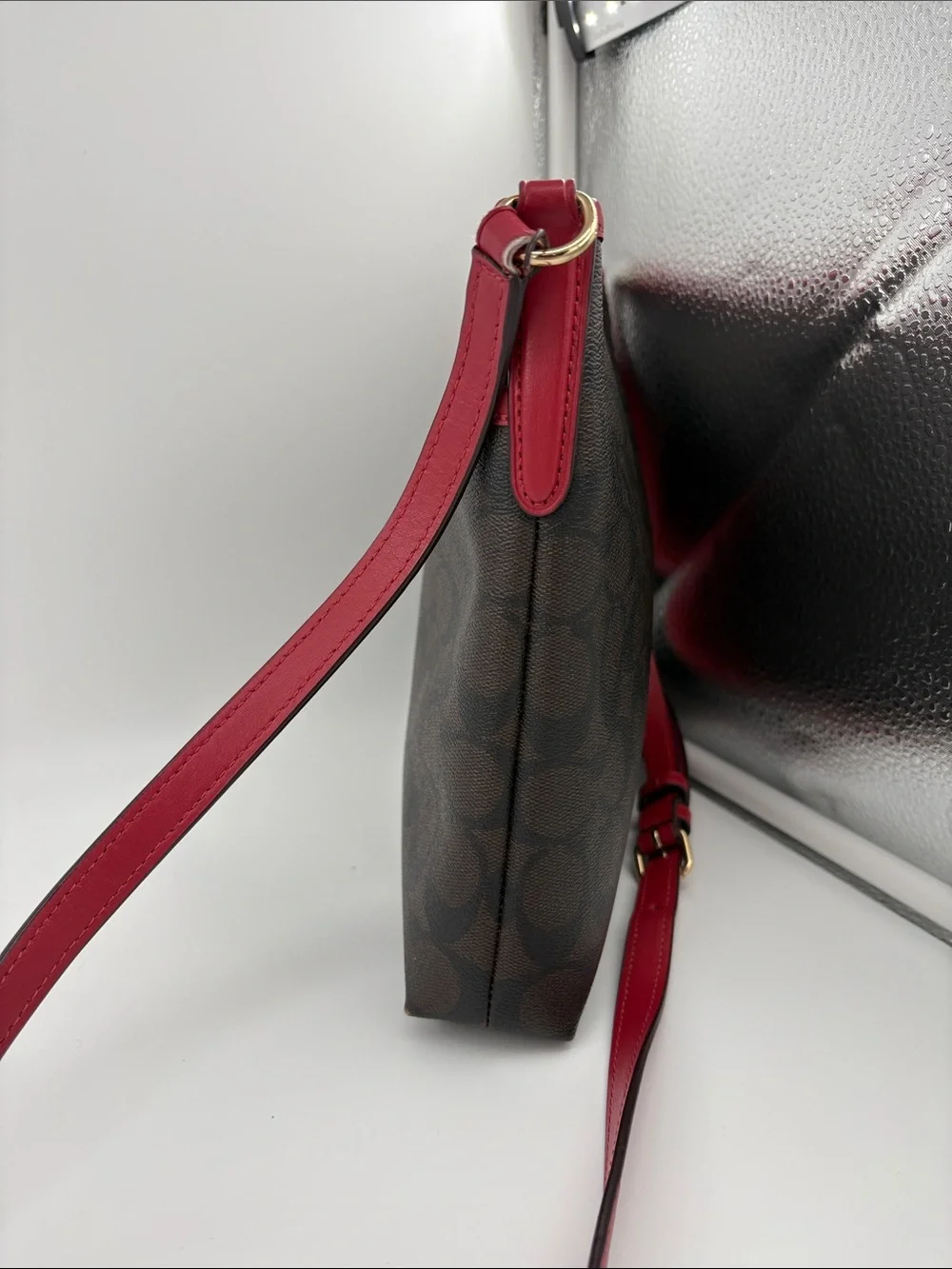 Coach Brown Signature Crossbody with Red Trim